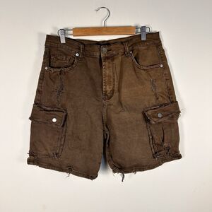 Nova Men Brown Distressed Cargo Shorts Men’s 34 Streetwear Utility